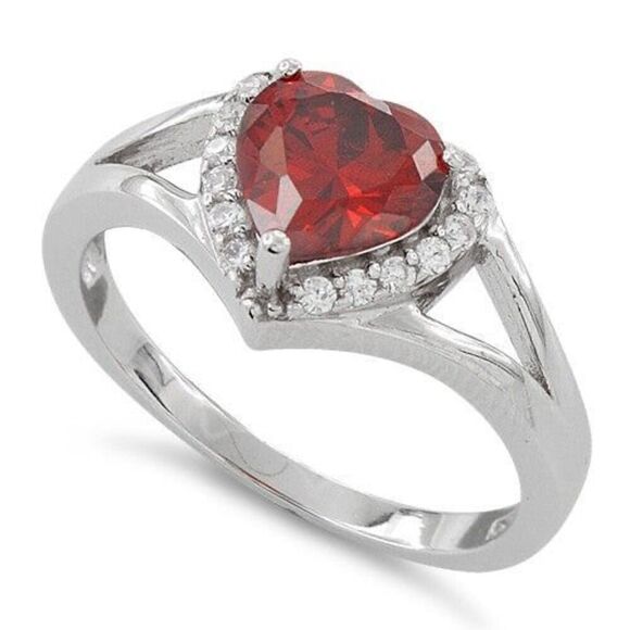 Sterling Silver Heart Shape Garnet Ring New - Picture 1 of 6